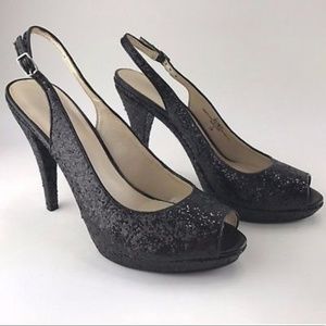 New in Box Nine West Black Glameron Open Toe Heels